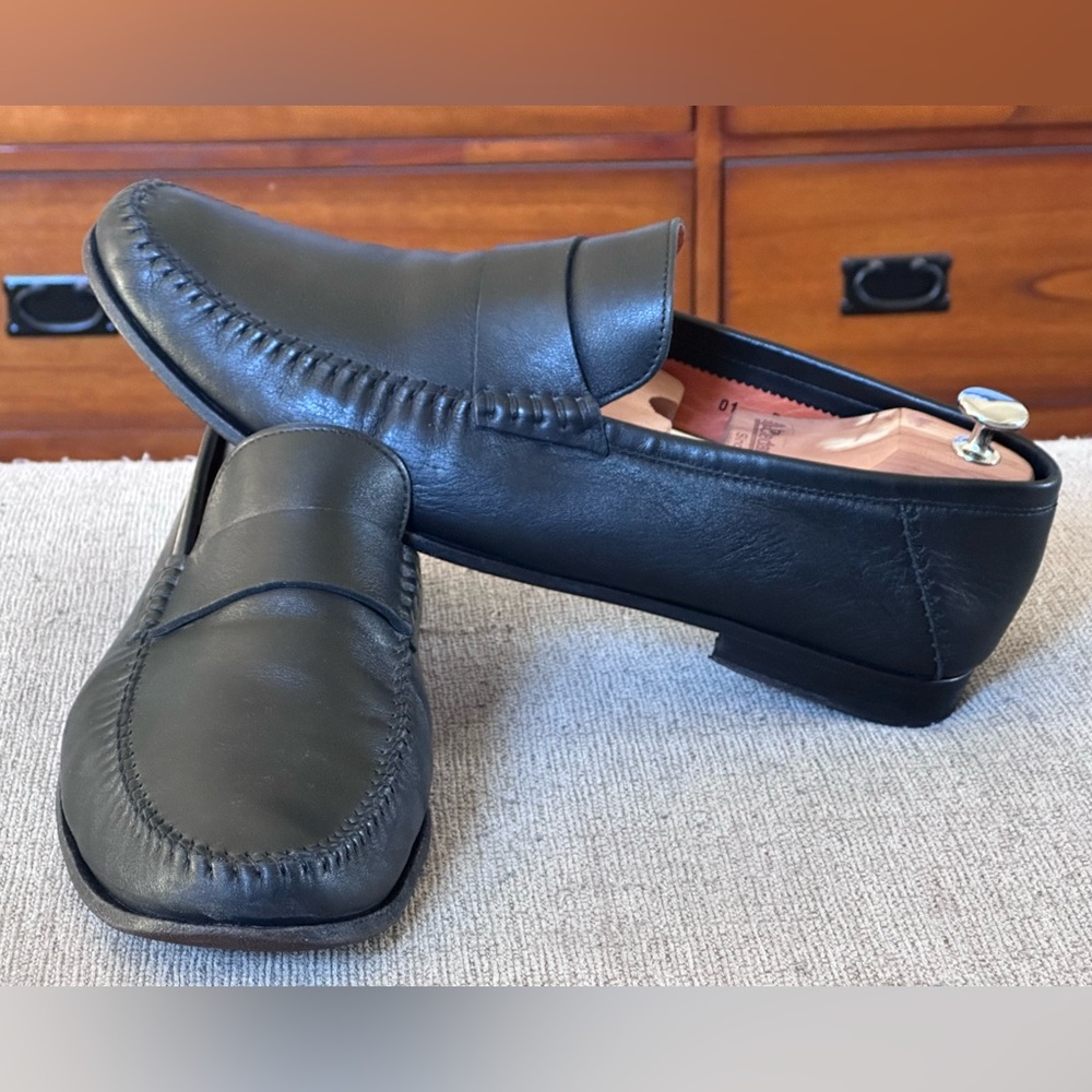 Santoni Black Leather Men’s Slip On Penny Loafers Size 13 D - Picture 5 of 15